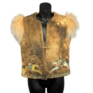 Patricia Wolf Brown Leather studded Vest with Fur Trim and Native American Paint